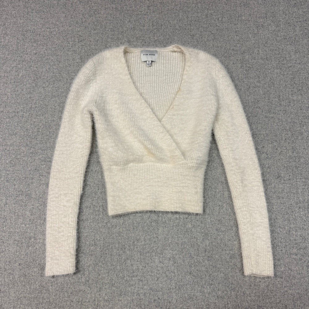 Pink Rose Faux Fur Fuzzy Wrap Surplice Sweater XS Cream Ivory V-Neck Ribbed Hem